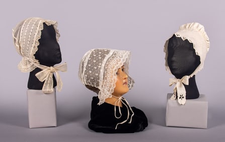 THREE EMBROIDERED OR LACE BONNETS, 1840-1850s