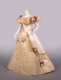 SILK SATIN & BOBBIN LACE EVENING GOWN, NEW YORK, c. 1893