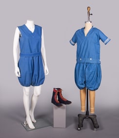 TWO COTTON BATHING OR GYM SUITS & ONE PAIR OF SHOES, 1910s