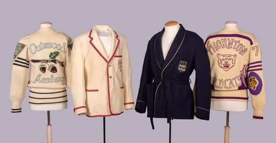 TWO LETTERMAN SWEATERS, HARVARD BLAZER & SMOKING JACKET, USA, 1950-1960s