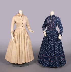TWO HAND SEWN COTTON DAY DRESSES, c. 1880