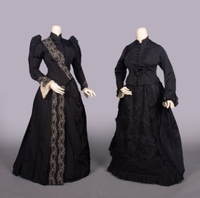 TWO EMBROIDERED SILK FAILLE MOURNING DRESSES, 1880s