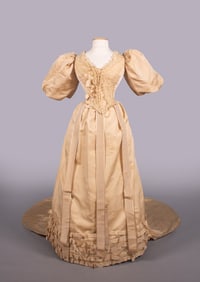 SILK FAILLE & BOBBIN LACE WEDDING GOWN, MID 1890s