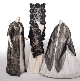 LACE PEIGNOIR, CHANTILLY LACE SHAWL & SILK MANTILLA, MID 19TH- EARLY 20TH C