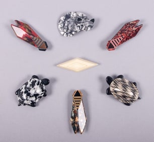 SEVEN LEA STEIN GEOMETRIC & ANIMAL BROOCHES, PARIS
