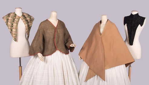 PRINTED PELERINE, BAREGED PALETOT, ALPACA CAPE & BEADED CAPELET, 1850-1880s