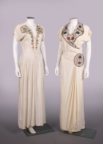 TWO EMBROIDERED CREPE EVENING DRESSES, 1940s