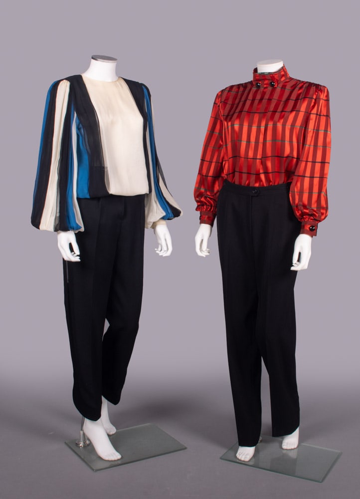 GALANOS, VALENTINO & GUCCI SEPARATES, USA & ITALY, 1970-1980: 1 bone, black & blue silk crepe de chine stripe blouse, label “Galanos”, B 38”, L 25”, (few tiny-0.5” stains, light discoloration cuffs & collar, scattered pulls); 1 pair of