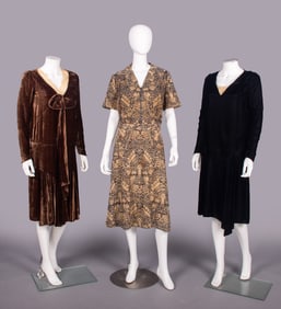 ONE COTTON DAY & TWO VELVET EVENING DRESSES, 1924-1929 & c. 1940