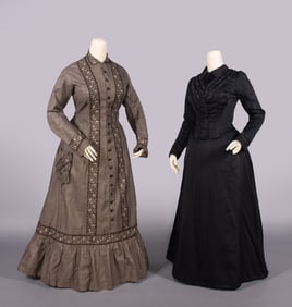 ONE COTTON WRAPPER & ONE SILK DAY DRESS, 1880-1890