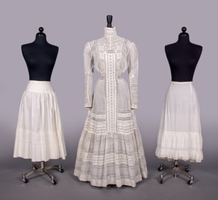 COTTON LAWN LINGERIE DRESS & TWO COTTON PETTICOATS, EARLY 20TH C