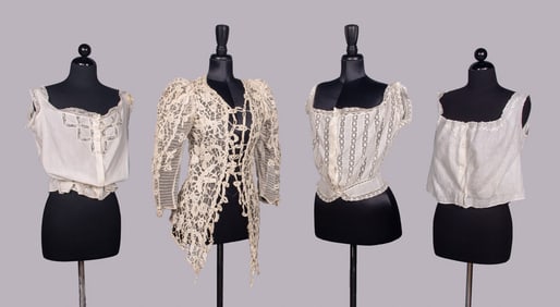 ONE CROCHET LACE JACKET & THREE CORSET COVERS, EARLY 20TH C