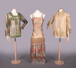 ONE GELATIN PAINTED LACE PARTY DRESS & TWO SILK TOPS, BOSTON, 1914-1930
