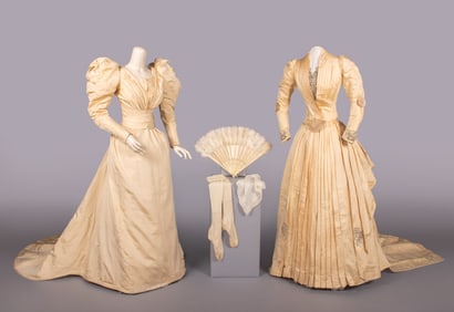 TWO RIBBED SILK WEDDING GOWNS & ACCESSORIES, 1890-1895