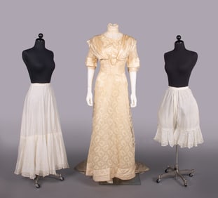 SILK SATIN & LACE WEDDING GOWN WITH UNDERGARMENTS, 1910