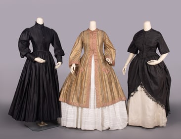 ONE WRAPPER & TWO DAY DRESSES, 1850-1860 & c. 1900