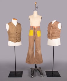TWO CANVAS HUNTING VESTS & PAIR OF PETER MAX WRANGLERS, 1920-1925 & 1975