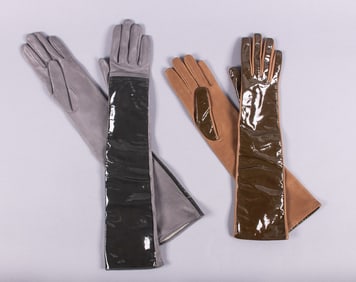 TWO PAIR CAUSSE GANTIER LAMBSKIN & PATENT LEATHER GLOVES, FRANCE, MODERN