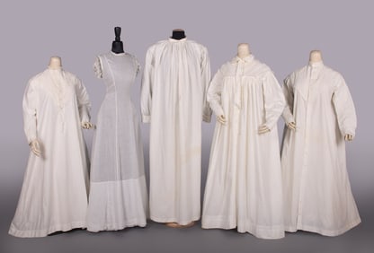 ONE MENS NIGHTSHIRT & FOUR LADIES NIGHTGOWNS, 1840-1870s