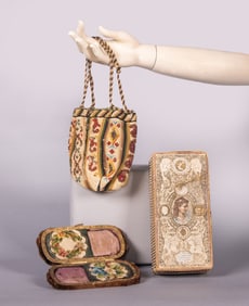EMBROIDERED RETICULE, SPECTACLE CASE & HANDKERCHIEF BOX, 1860-1870