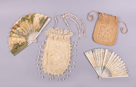 TWO CROCHET PURSES & TWO FANS, 1890-1910s