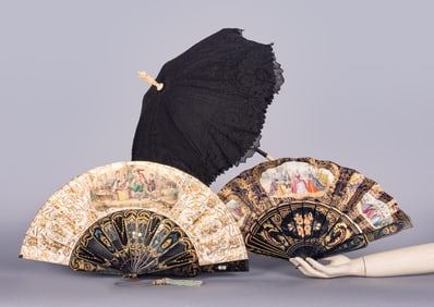 TWO REVIVAL FANS & ONE CHANTILLY LACE PARASOL, 1830-1840s