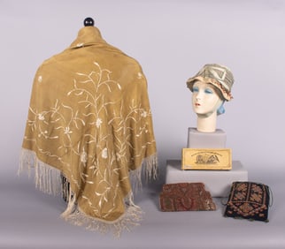 EMBROIDERED SHAWL, PURSES & PARTY HAT, 1860-1920s