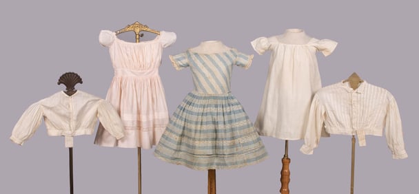 FIVE CHILDRENS DRESSES, SHIRTWAISTS & SHIFT, 1830-1868