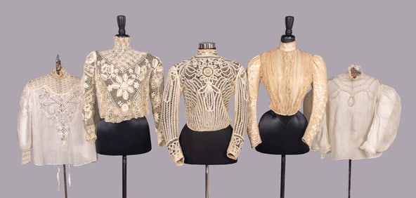 FIVE EMBROIDERED & LACE BODICES OR SHIRTWAISTS, 1900-1905