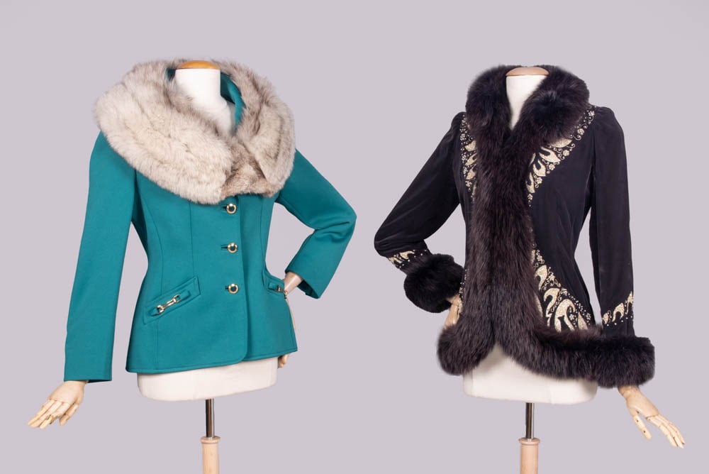LILLI ANN & JEAN-LOUIS SCHERRER FUR TRIMMED JACKETS, LATE 1960s: 1 teal jacket w/ arctic fox fur collar & equestrian findings, label “Lilli Ann, Paris, San Francisco”, B 38”, L 24”, (minor crushing/wear & shedding collar); 1 dark grey velour jac