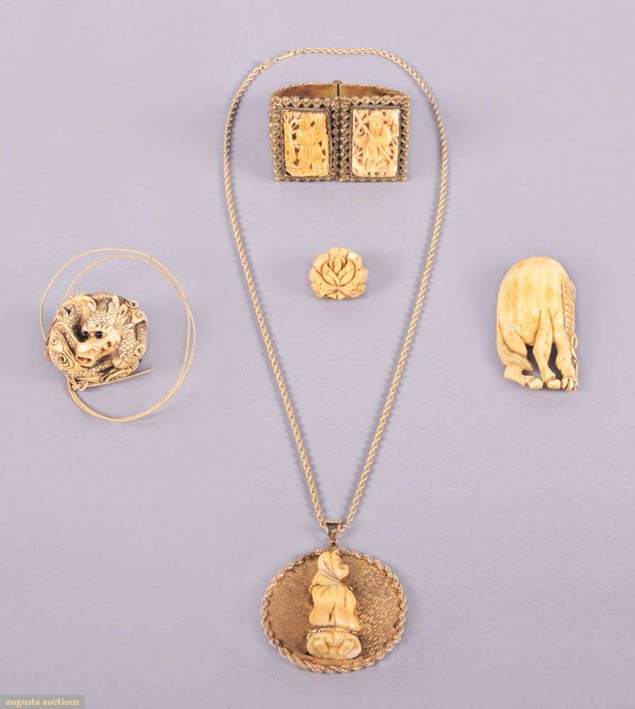 FIVE PIECES CARVED BONE JEWELRY, CHINA: 1 carved & painted coiled dragon pendant, illegible signature on reverse, pendant W 1.75”, H 1.5”, cord L 22”, (minor wear & discoloration, wear to cord w/ rough wire join); 1 neckla