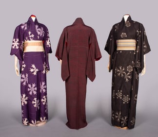 THREE KIMONOS & TWO OBIS, JAPAN, MID 20TH C