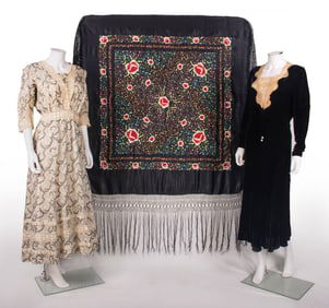 TWO DAY OR DINNER DRESSES & ONE EMBROIDERED PIANO SHAWL, 1910-1940s