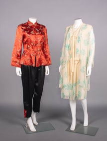 EXPORT PAJAMAS & SILK CREPE GARDEN PARTY DRESS, c. 1924 & 1940s
