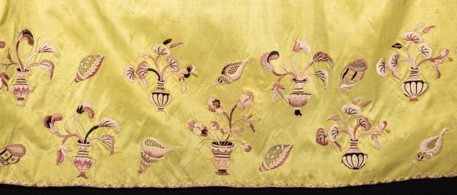 FINE EMBROIDERED SILK APRON, 1740