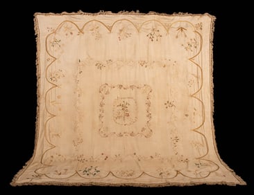 CREWEL EMBROIDERED LINEN BED COVERING, LATE 18TH C