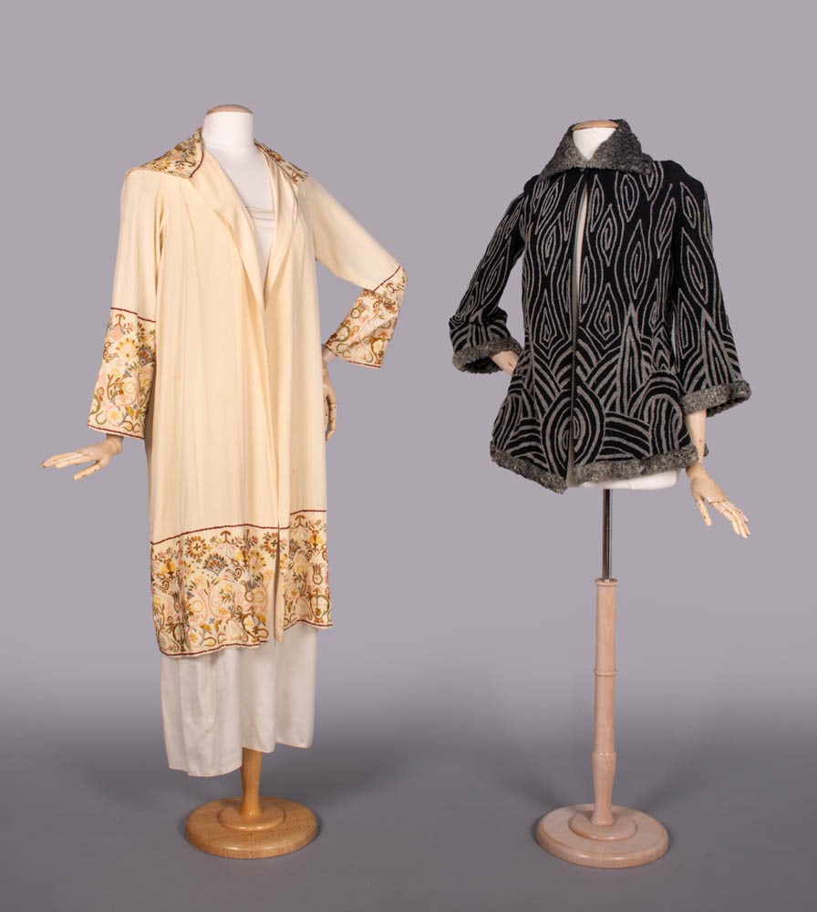 EMBROIDERED SILK SUMMER COAT & WOOL JACKET, USA, 1920-1930s: 1 cream silk crepe summer coat w/ hand embroidered square back collar, deep cuffs & hem, B 38”, L 42”, (slip N/I, 0.25” hole CB SH, embroidery thread loss esp. collar, shatter CB col