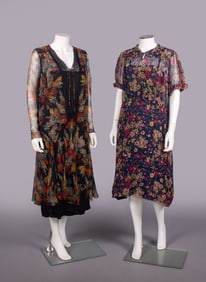 TWO PRINTED CREPE CHIFFON OR GEORGETTE DAY DRESSES, LATE 1920-MID 1930s