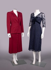ONE WOOL TWILL SKIRT SUIT & ONE LACE & TAFFETA COCKTAIL DRESS, 1940-1950s