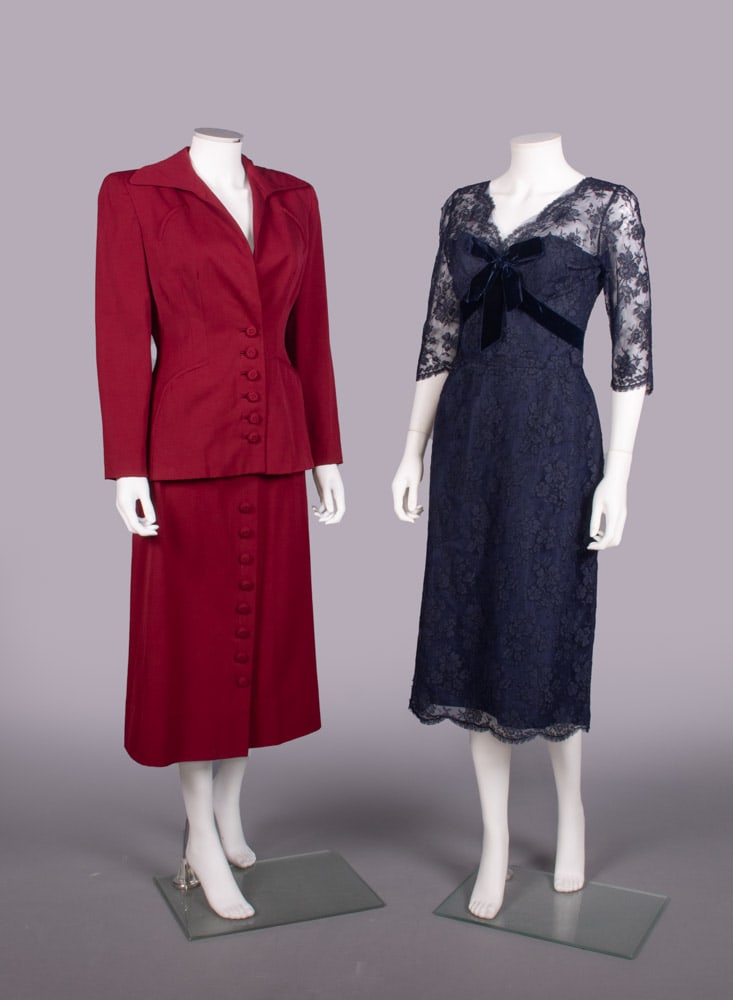 ONE WOOL TWILL SKIRT SUIT & ONE LACE & TAFFETA COCKTAIL DRESS, 1940-1950s (1 of 10)