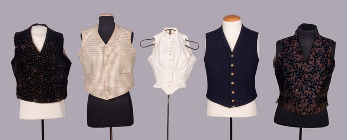 FOUR WAISTCOATS & ONE LADIES’ SPORTING VEST, 1850-1900