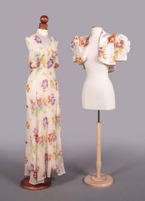 TWO PIECE PRINTED SILK EVENING GOWN & BOLERO, c. 1935