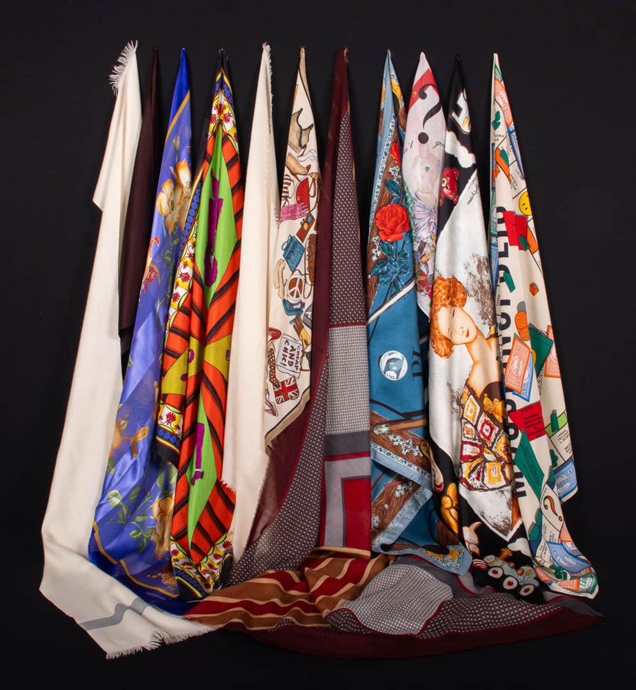 GENEROUS LOT OF DESIGNER SCARVES, FRANCE & ITALY: 11 silk, cashmere & Egyptian cotton designer scarves: 1 white cashmere, “Lanvin”, 13” x 62” (few tiny pulls); 1 white “Guy Laroche”, 34” x 34”, (few tiny-1.5&rd