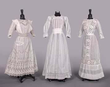 THREE EMBROIDERED COTTON & LACE LINGERIE DRESSES, 1905-1910