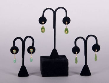 THREE PAIR JADEITE OR IMITATION EAR DROPS, MID-LATE 20TH C