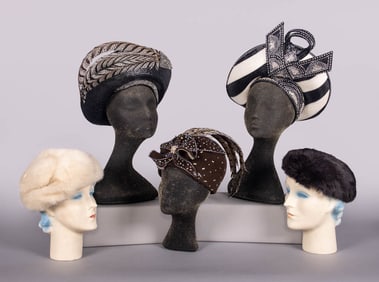 FIVE FUR, STRAW OR RAFIA HATS, NEW YORK, 1960-1990s