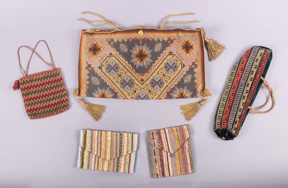 FIVE CANVAS, FLAMESTITCH OR RIBBON PURSES, 1840-1900 (1 of 10)