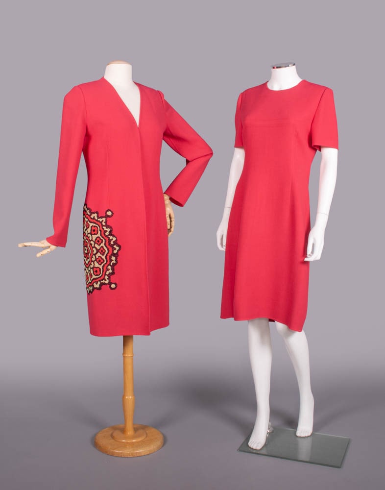 BILL BLASS TWO PIECE EMBROIDERED WOOL ENSEMBLE, USA, 1980s: 2-pc pink wool crepe c/o short sleeved dress & summer coat w/ long sleeves, free front & Cornelli embroidered medallion in ecru, black & pink below right H, label “Bill Blass”, dress B 38&rdqu