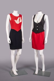 TWO MOSCHINO BLACK, WHITE & RED MINI DRESSES, ITALY, 1990s