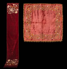 TWO EMBROIDERED VELVET OR VELOUR TABLE COVERINGS, USA, LATE 19TH C